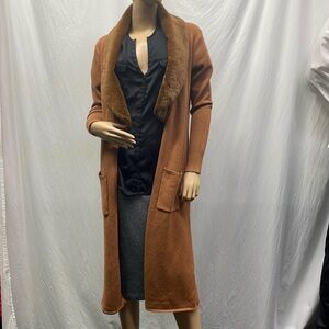 Ontwelfth Cognac Faux Fur Collar Long Open Cardigan NWOT